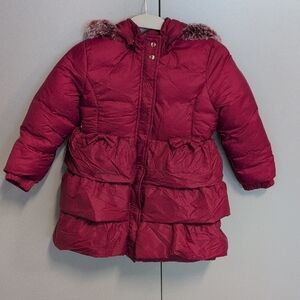 Burgundy/red Puffer Coat with Faux Fur Trim